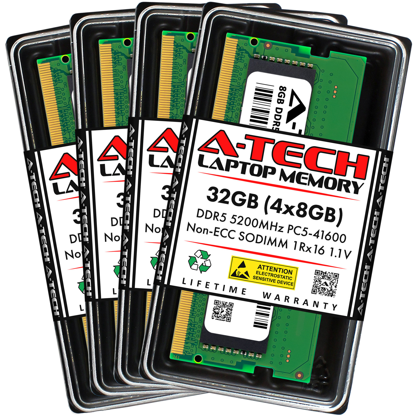 A-Tech 32GB 4x 8GB PC5-41600 DDR5 5200 MHz Non-ECC SODIMM Laptop Memory RAM x4