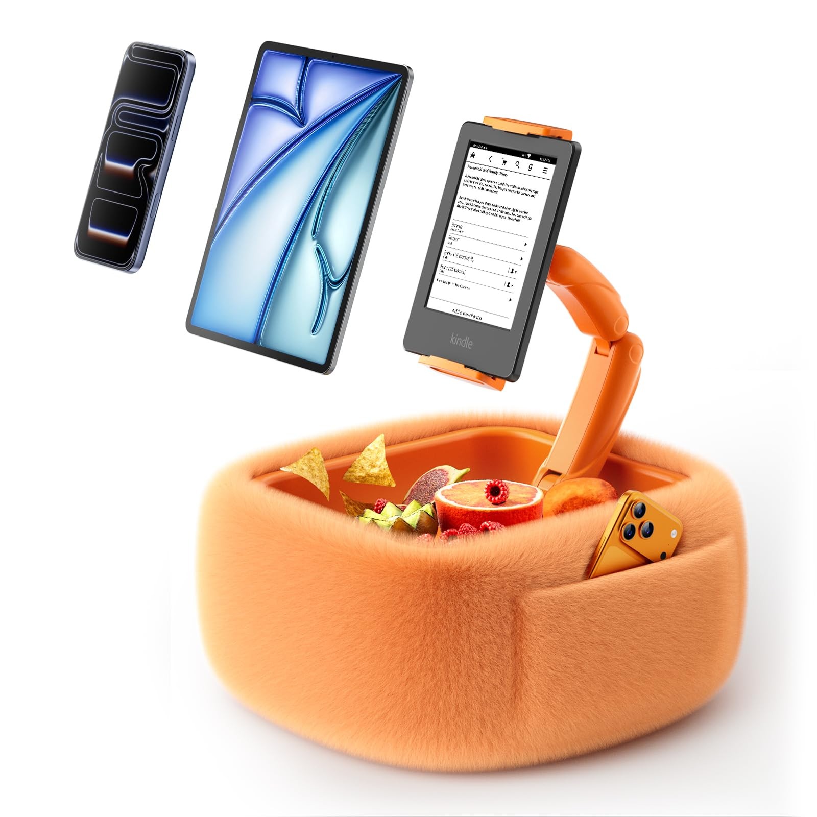 360° Adj. Ultra Fluffy Tablet Bed Pillow Stand & Snack Bowl Cosmic Orange