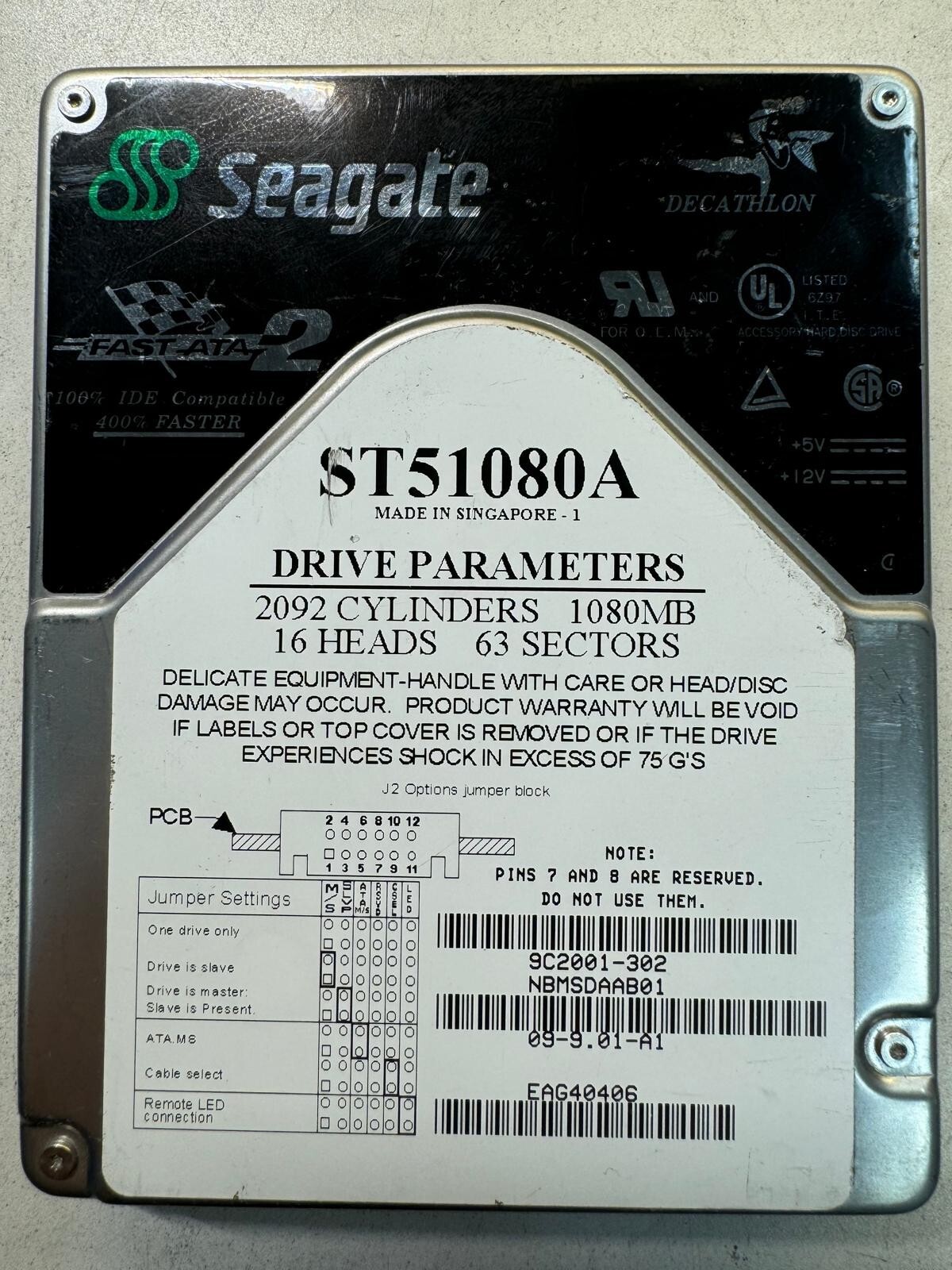 SEAGATE MEDALIST ST51080A 9C2001-302 1080MB 5.4K RPM 40 PIN ATA 3.5" HDD