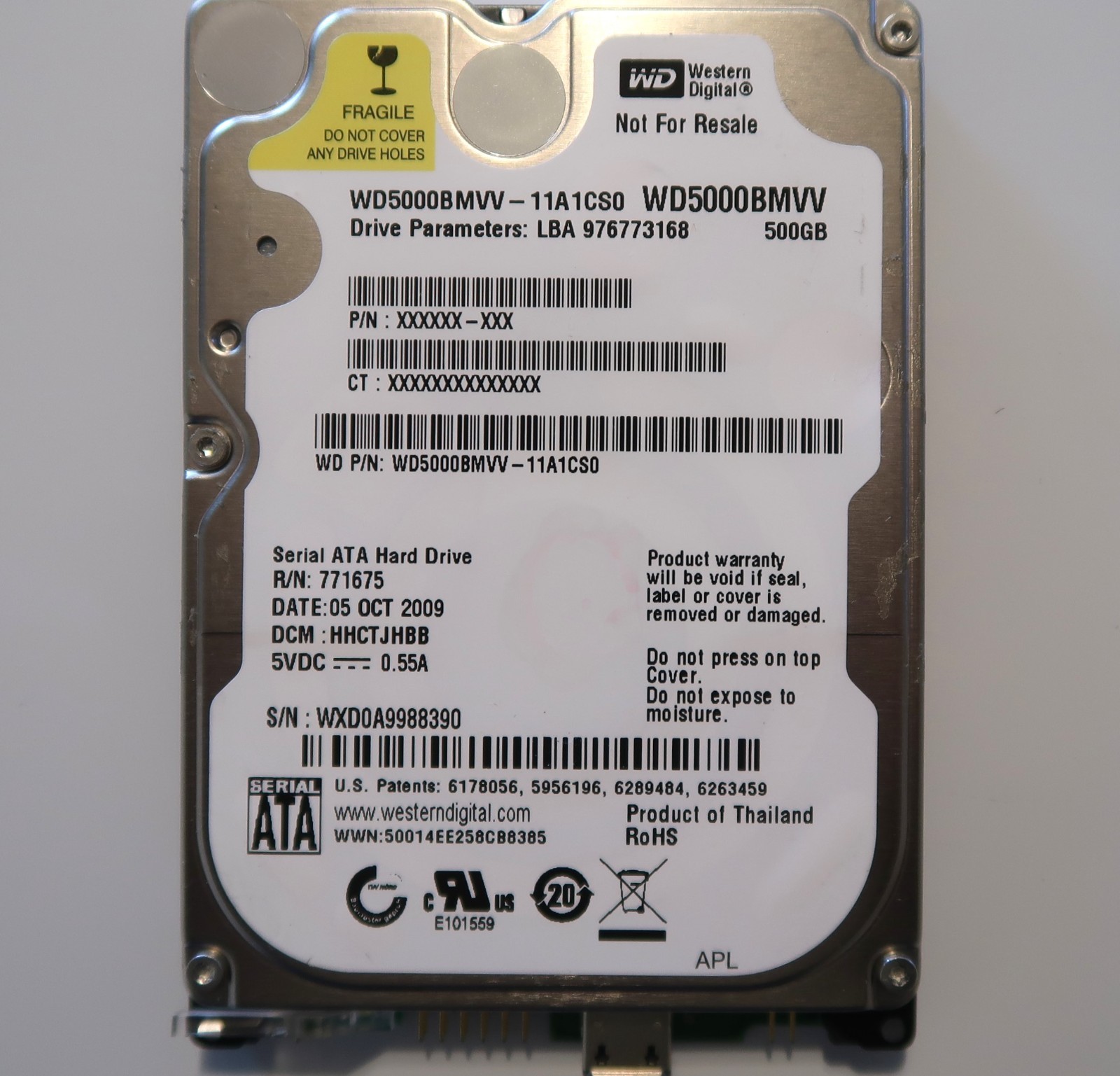 Western Digital WD5000BMVV-11A1CS0 HHCTJHBB (WXD0) Thailand 500gb USB OCT/2009