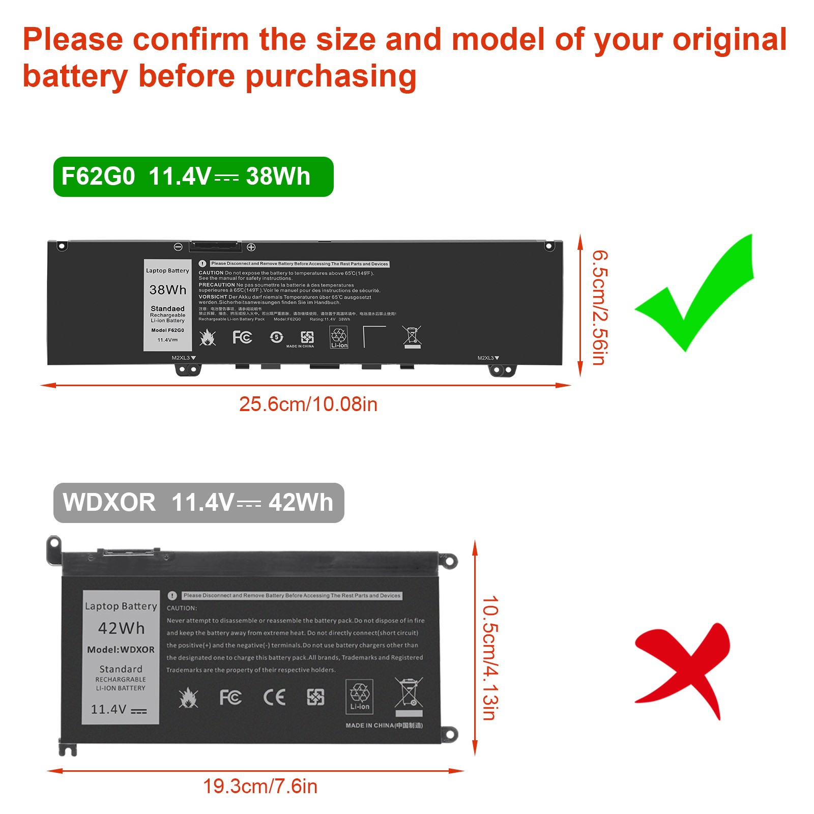 🧡LOT F62G0 Battery For Dell 5370 7380 7386 7373 Vostro 5370-D1505G 11.4V-38Wh