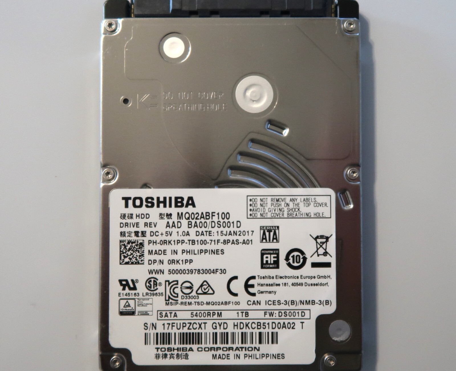 Toshiba MQ02ABF100 HDKCB51D0A02 T AAD BA00/DS001D Philippines 2.5" 1TB JAN/2017