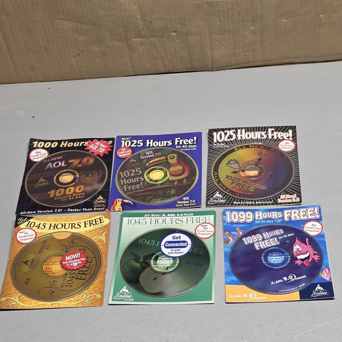 Vintage AOL Software CD Lot Versions 7.0 8.0 9.0 1000 1025 1045 1099 Hours
