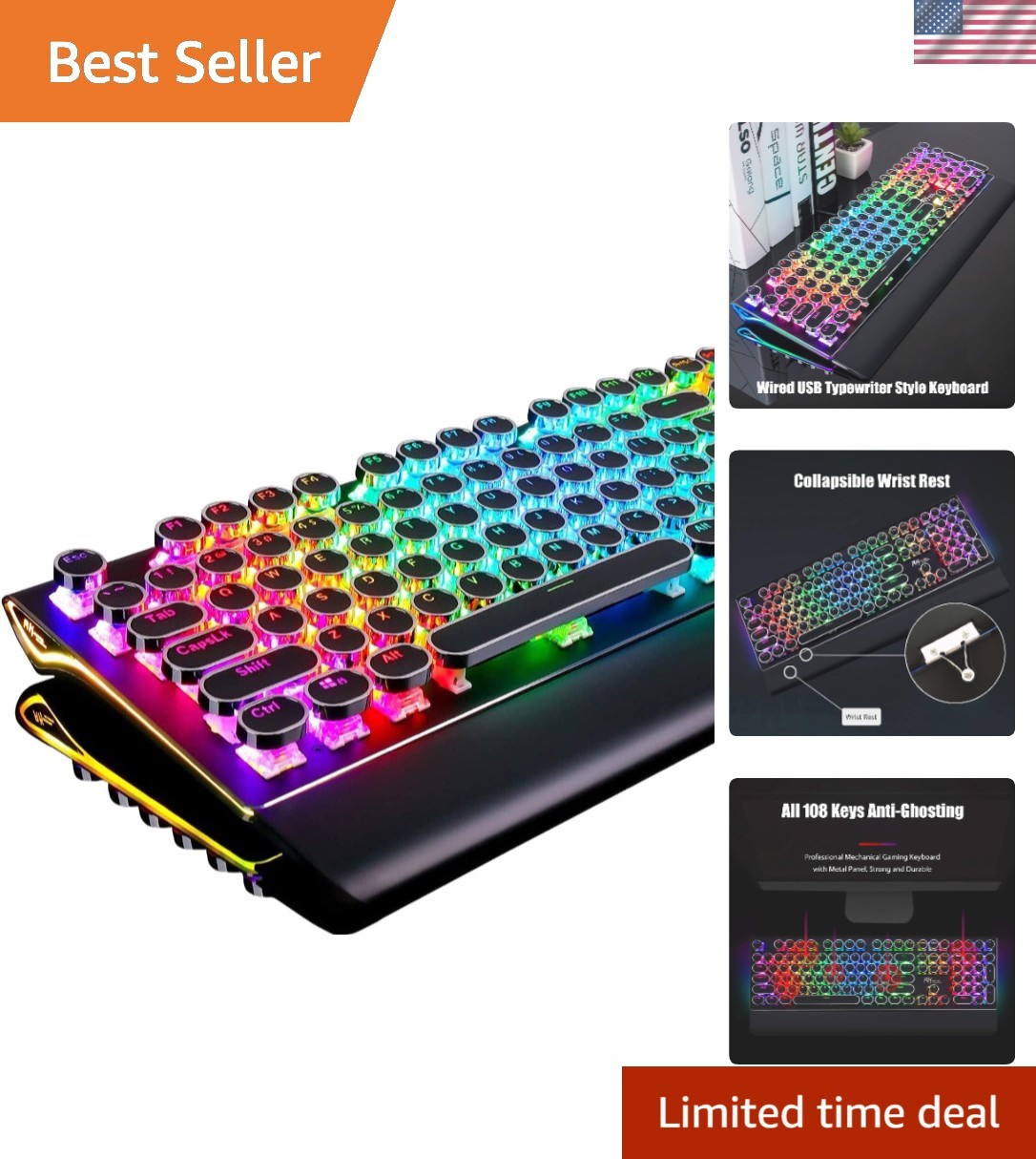 108-Key Retro Mechanical Gaming Keyboard with RGB and Ergonomic Wrist Support