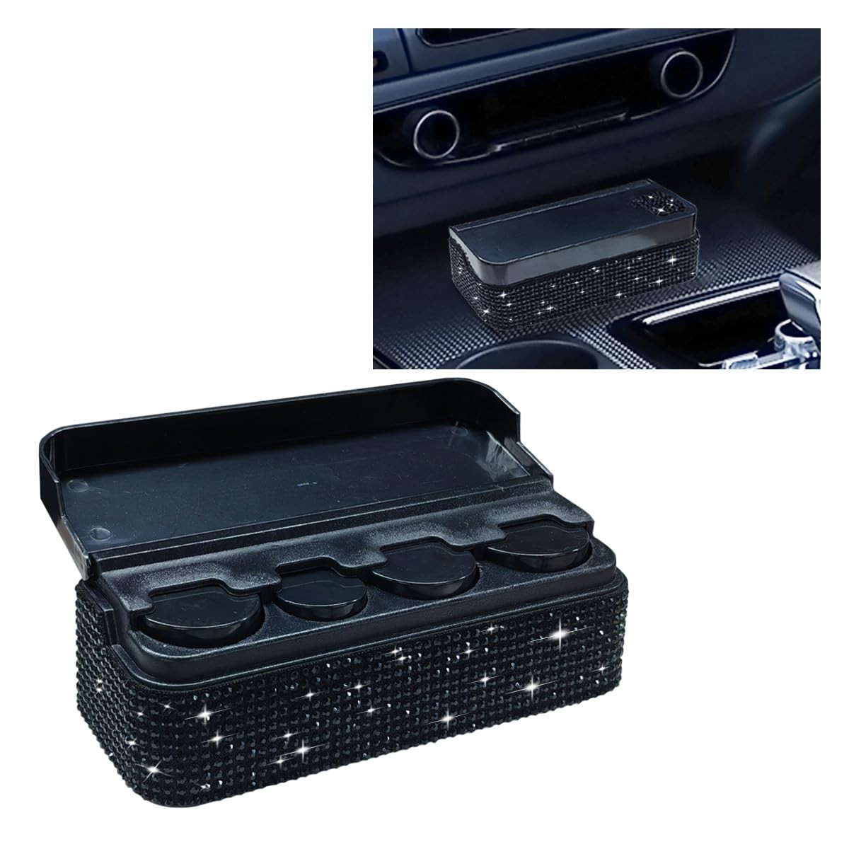 Bling Coin Holder Car Crystal Rhinestone Storage Box Dispenser 4 Compartment