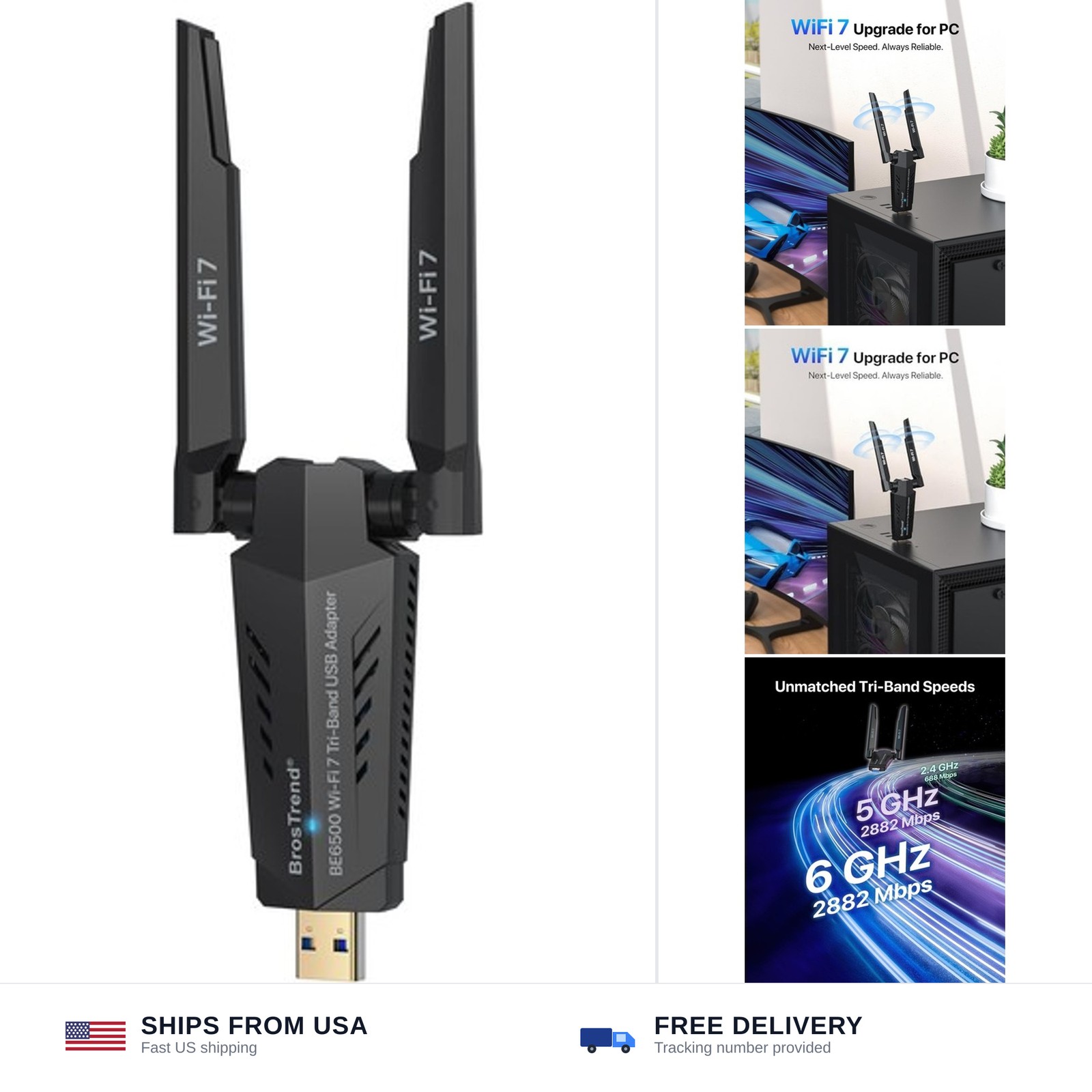 BrosTrend BE6500 USB WiFi 7 Adapter for Desktop PC Tri-Band Long Range WPA3