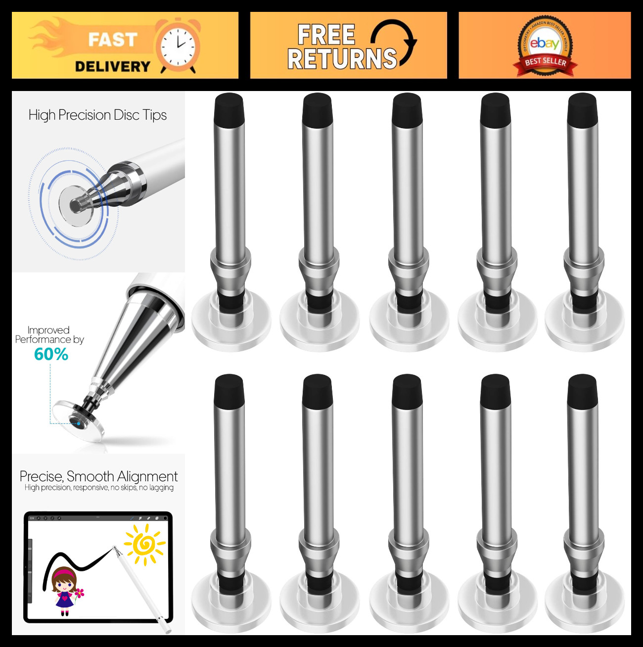 High Precision Replacement Disc Tips for 2-in-1 Stylus Pen, Clear - 10 Pack