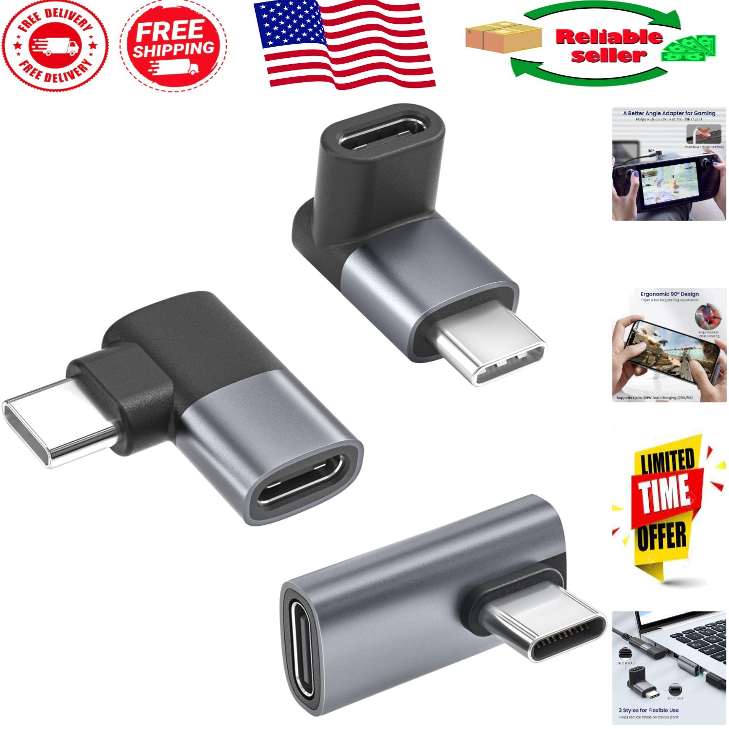 Versatile 90 Degree USB C Angle Adapter 3X - 40Gbps Data & 4K Video Connectivity