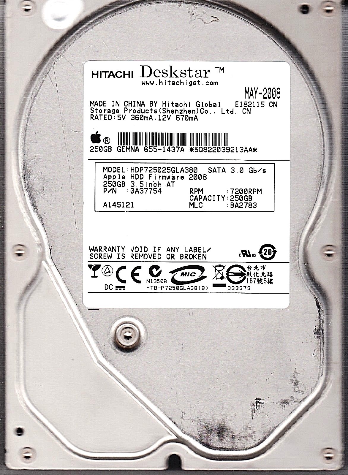 Hitachi HDP725025GLA380 pn: 0A37754 mlc: BA2783 250GB 3.5" HDD SATA 7017