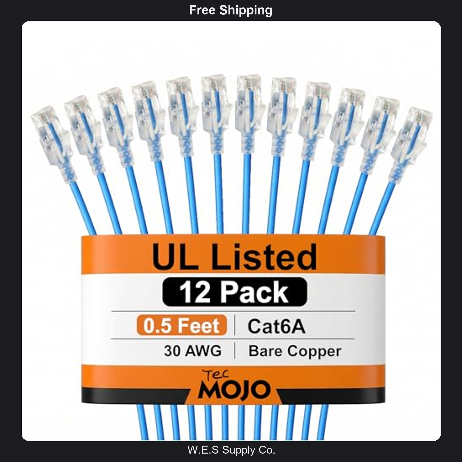 Cat6A Ethernet Cable 0.5ft Blue 12-Pack 10Gbps High-Speed Data Transfer