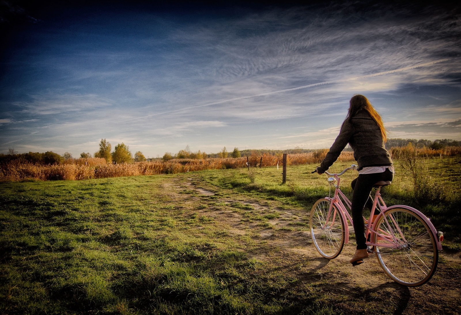 Landscape women bicycle outdoors sky with bicycles Custom Gaming Mat Desk