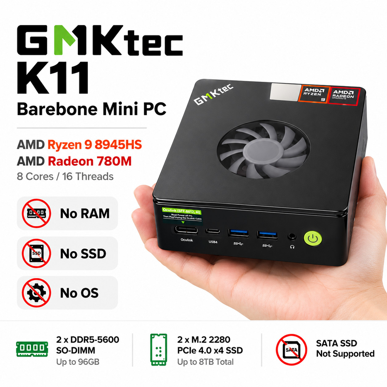 GMKtec K11 Ryzen 9 8945HS Mini PC Barebone Radeon 780M DDR5 M.2 No RAM SSD