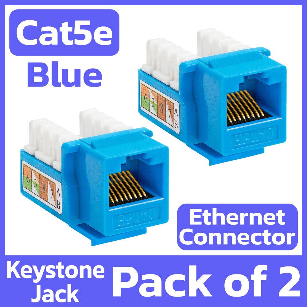 2 Pack Cat5e Keystone Jack Blue Ethernet Jack Lan Network Connector RJ45 Coupler