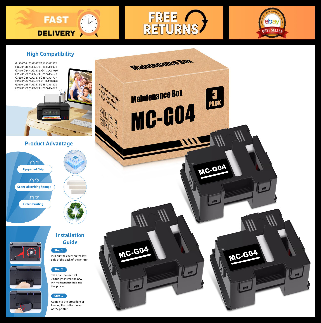 3-Pack Ink Maintenance Cartridge Box for Canon MAXIFY G1230 G2270 G3270 Printers