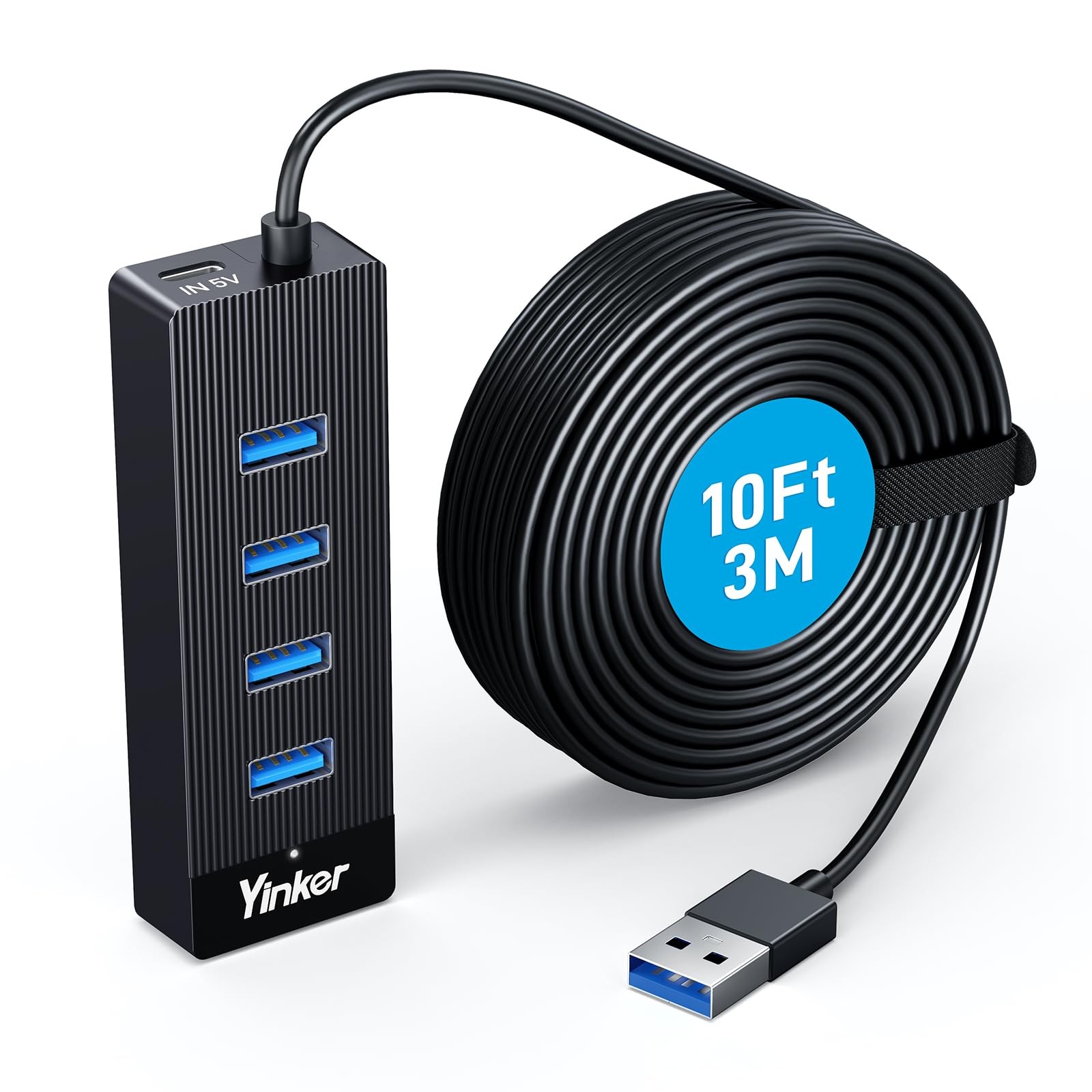 10FT 4‑Port USB 3.0 Hub Long Cable, 5Gbps High Speed USB Extender with USB‑C ...