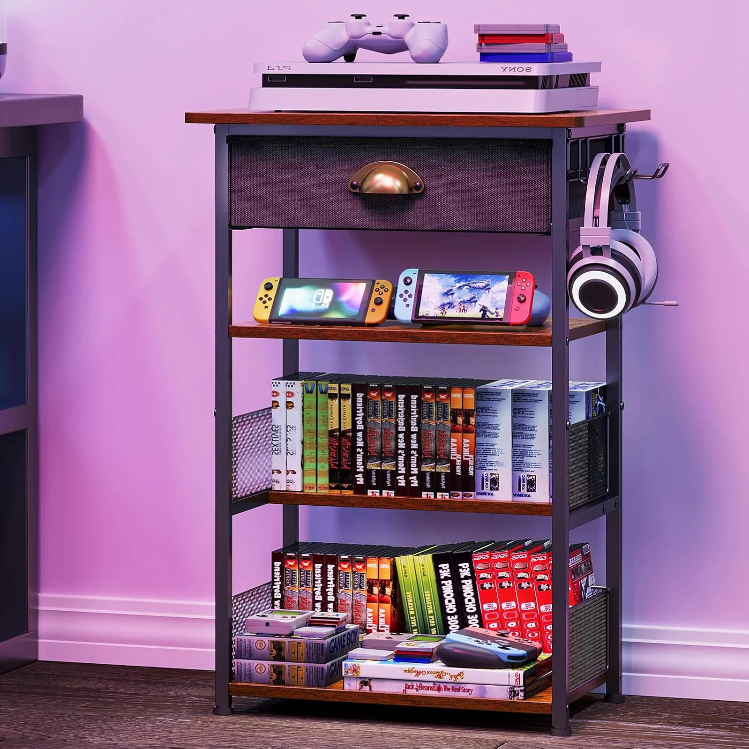 4-Tier AV Media Stand with Drawer, Gaming Console Shelf