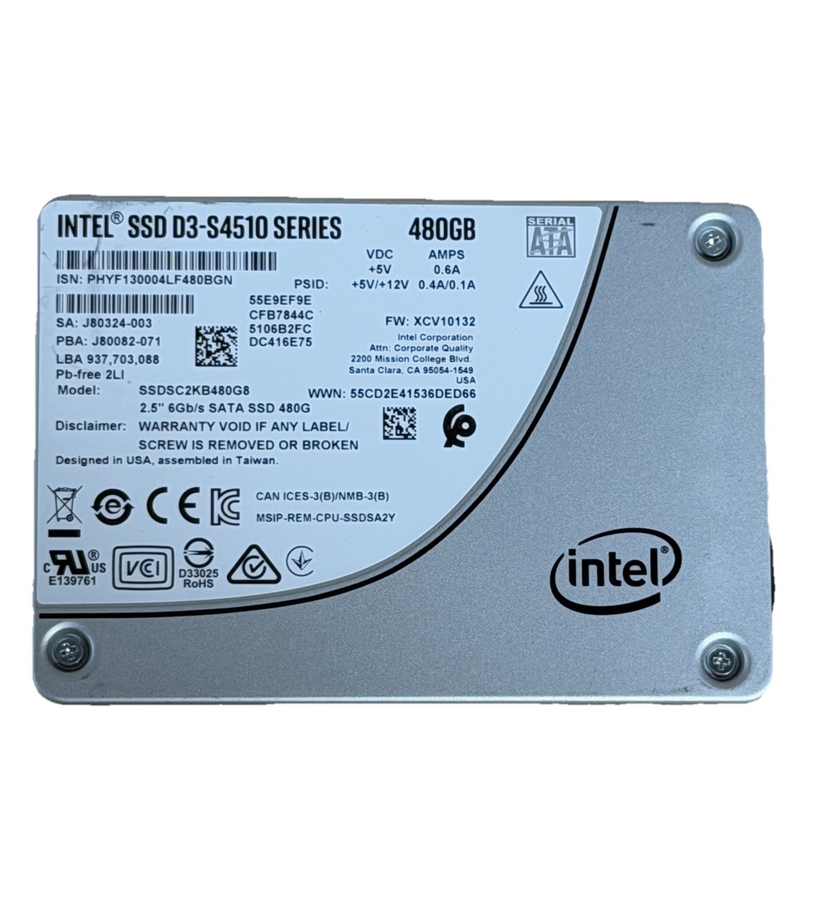Intel D3-S4510 Series 480 GB SSDSC2KB480G8 2.5” 6Gb/s Sata Solid State Drive