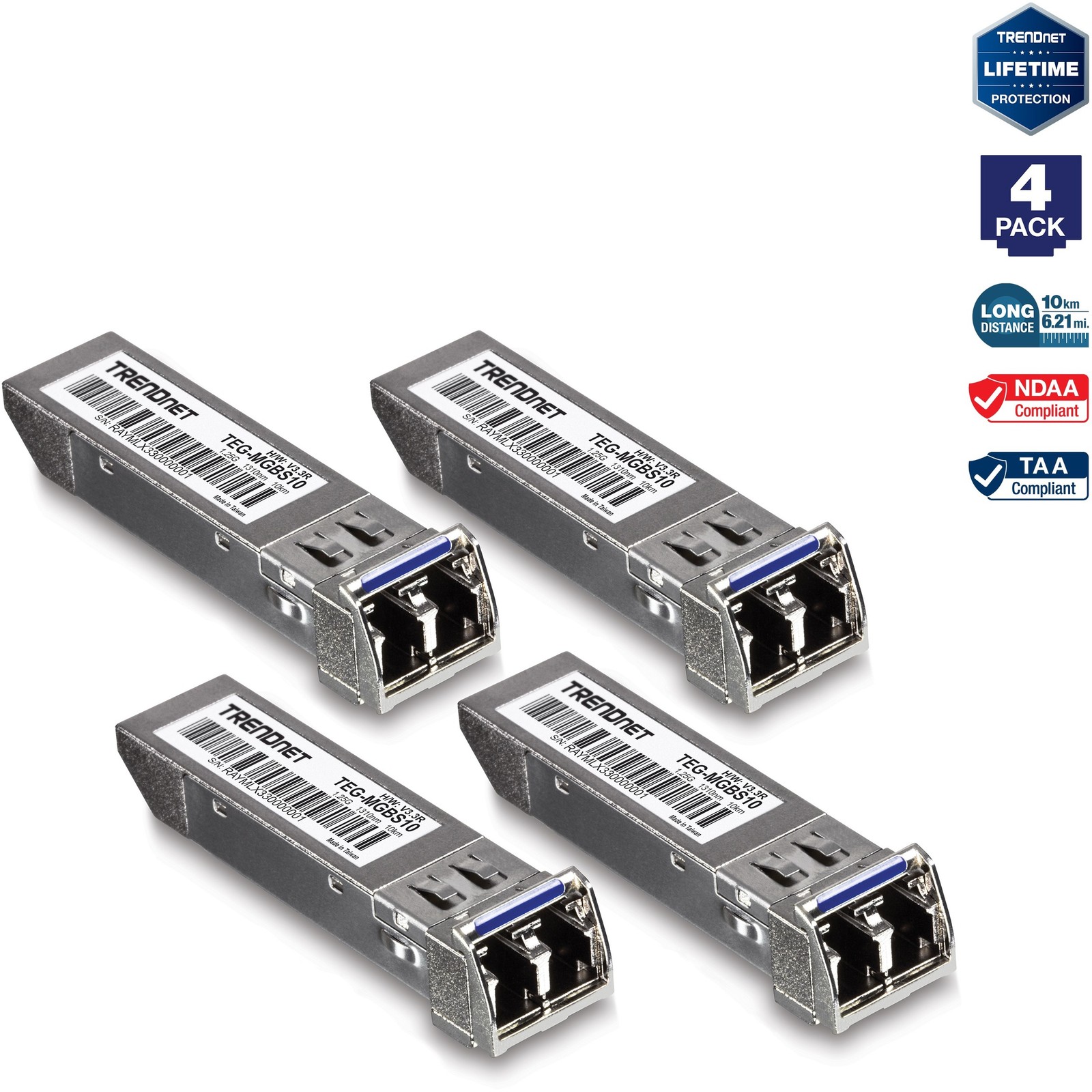 TRENDnet TEG-MGBS10/4, 4-Pack SFP Single Mode LC Module (10Km)