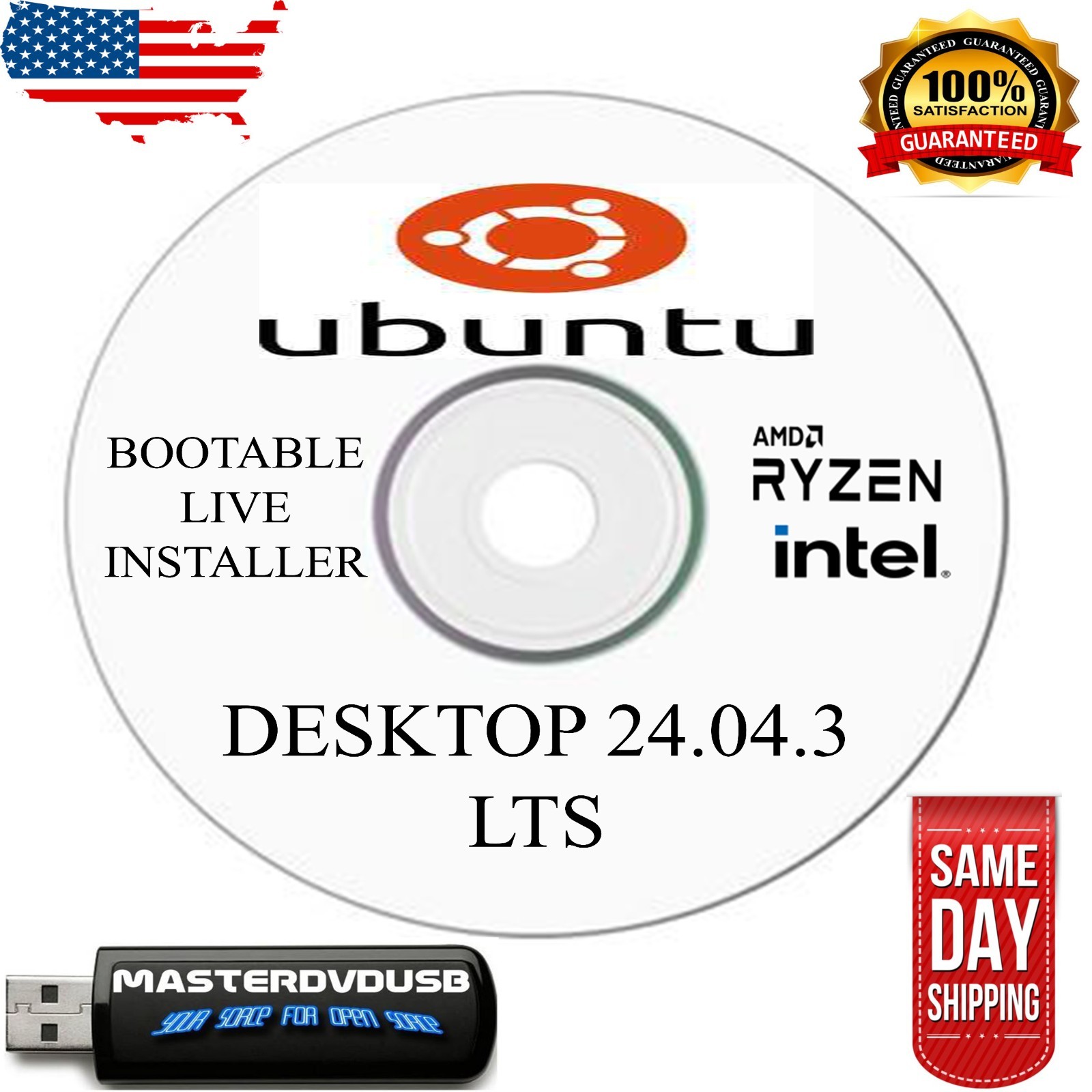 Ubuntu 24.04.3 LTS Bootable DVD | Latest September 2025 Release | Same-Day Ship