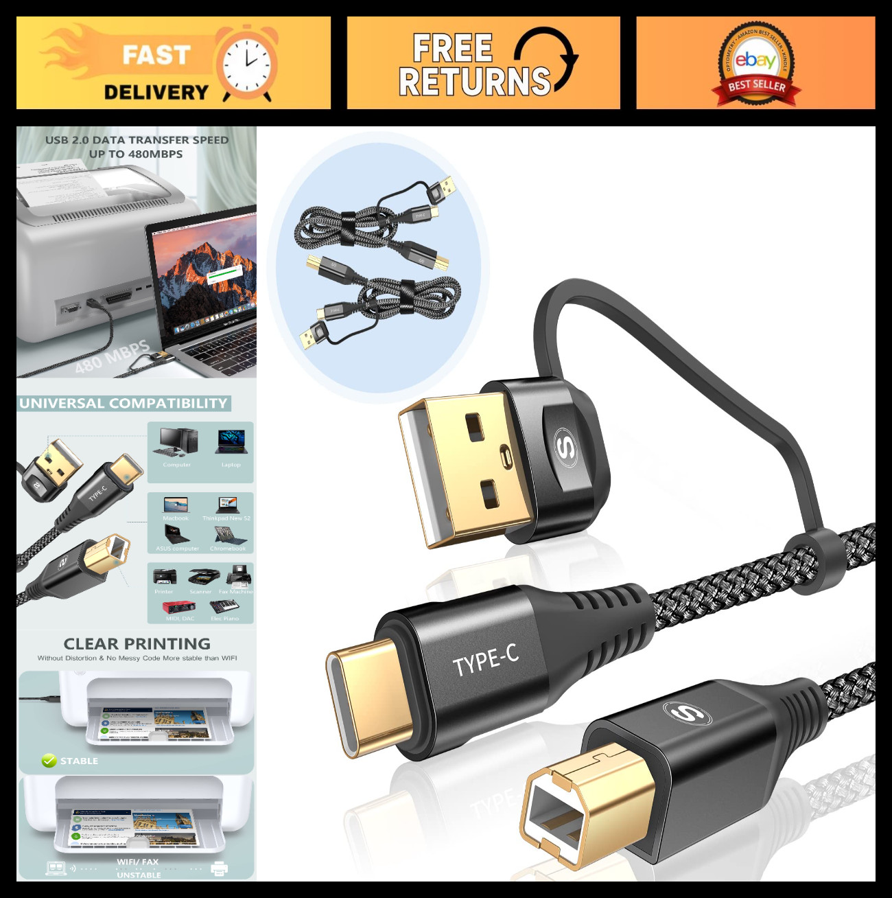 High-Speed 2-in-1 USB-A/C to USB-B Printer Cable, Braided 6.6ft, 2-Pack