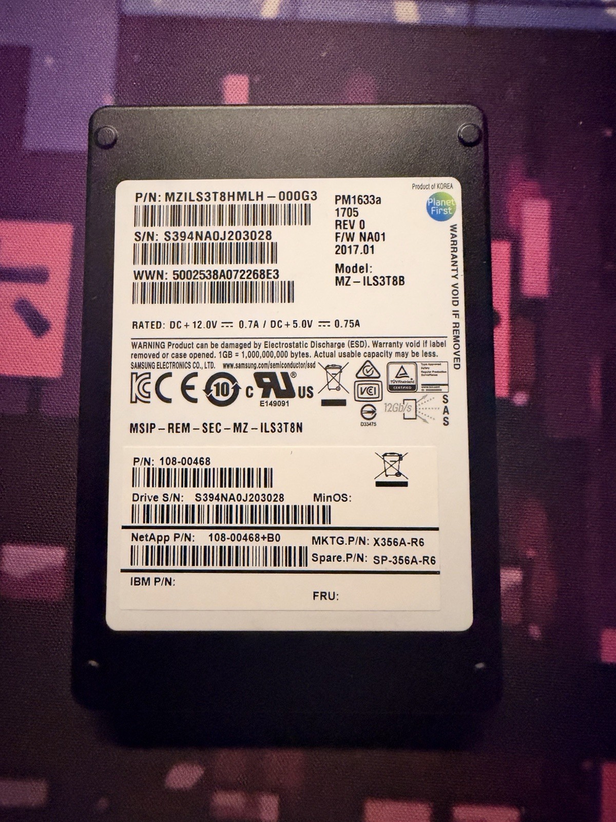 Samsung 3.84TB PM1633A SAS 12G SFF SSD NetApp  - 83% Health