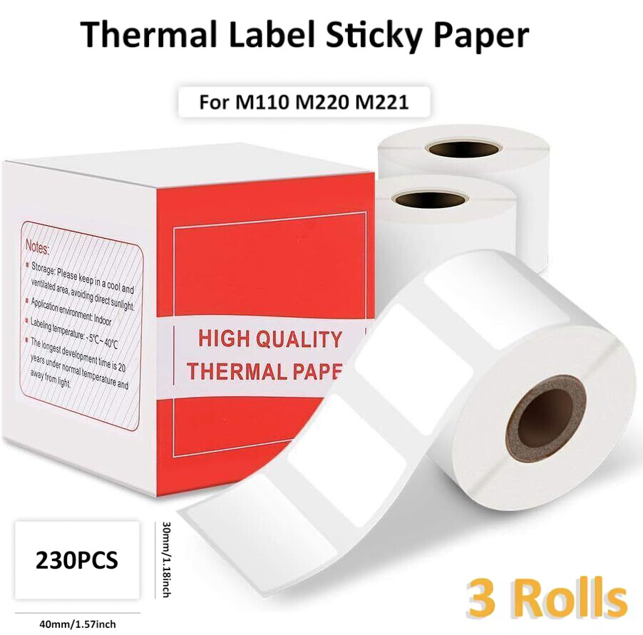 3 Rolls Phomemo M110/M100 Self-Adhesive Labels Sticker Thermal Paper 40x30mm