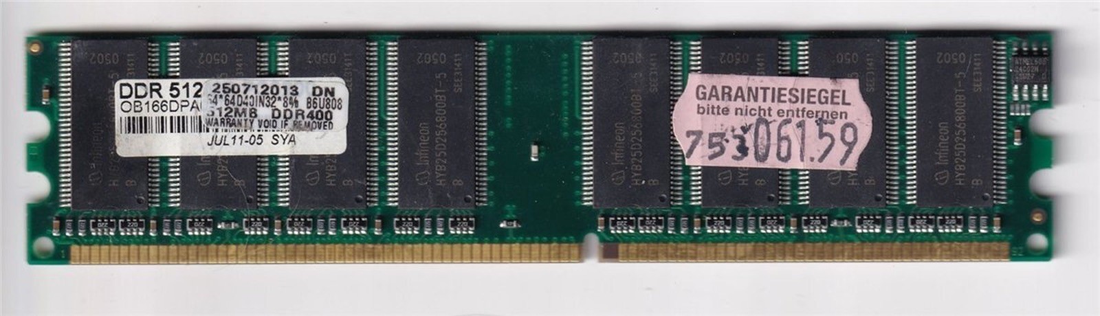 Infineon, 512MB, DDR400, PC3200 CL3, 184-Pin, DIMM, RAM HYB25D256800BT-5