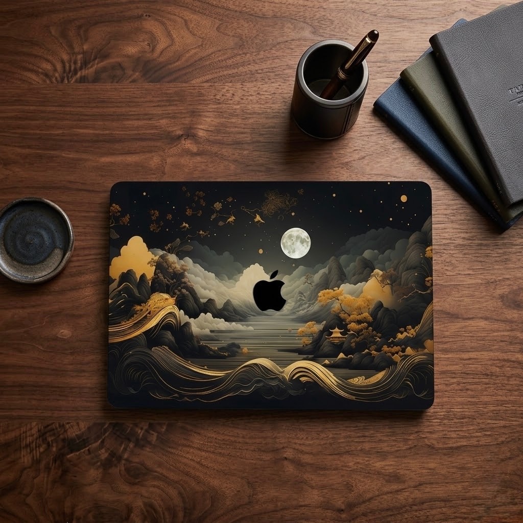 Oriental Zen Ink Landscape MacBook Shell: Gold-Accented Shanshui Art