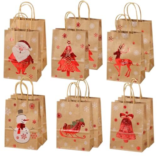  Christmas Gift Bags with Handles 12 Packs Christmas Kraft Paper Bags 8 x 6 