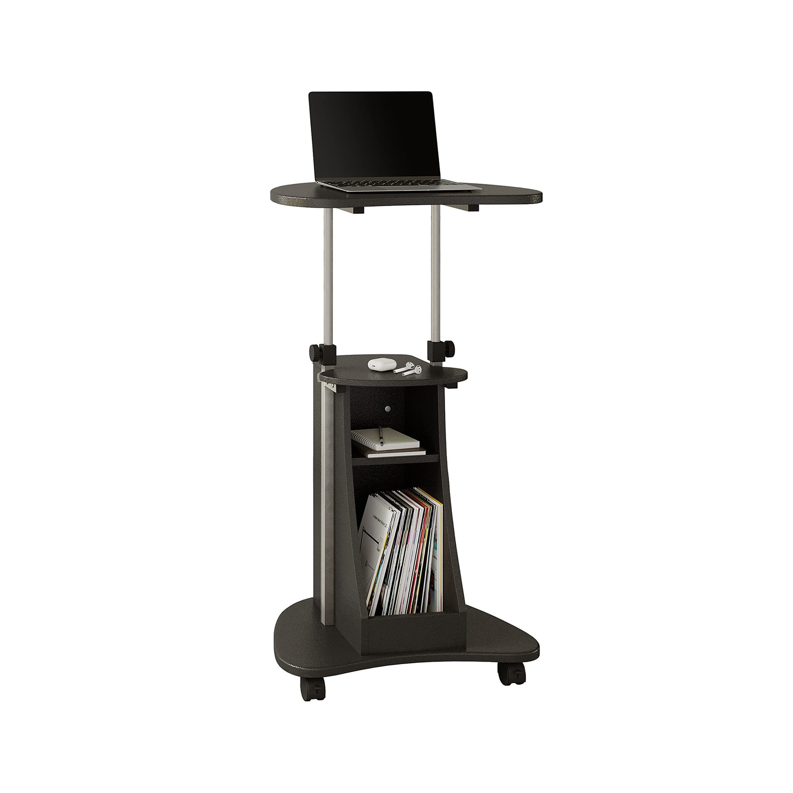 Rolling Laptop Cart Adjustable Height Storage Black Graphite Techni Mobili