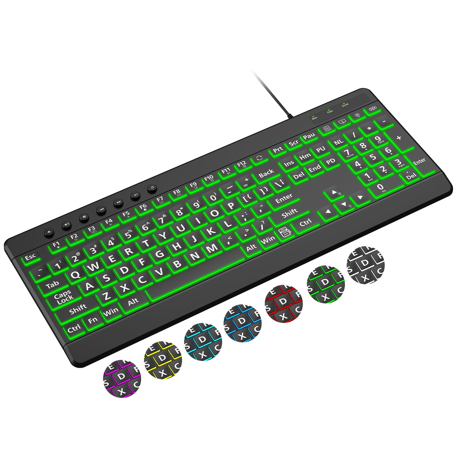 Large Print Backlit Wired Keyboard, Light Up USB Keyboard with 7-Colors Backl...