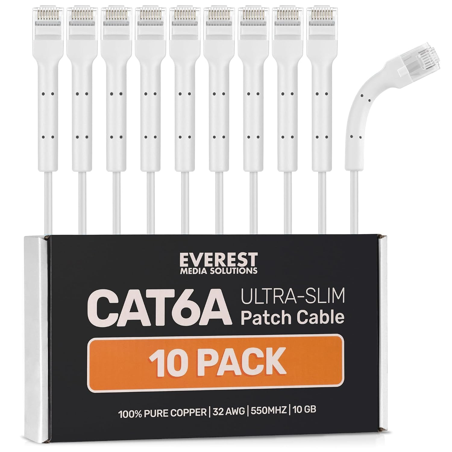 Everest Ultra Slim Cat6A Ethernet Patch Cables 1Ft (10-Pack) White