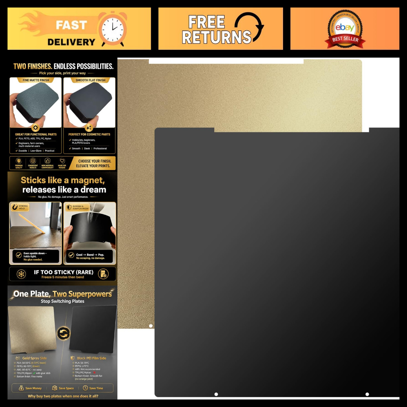 Flexible PEI Build Plate for 3D Printers - Smooth & Textured, 254x241mm, Thicker