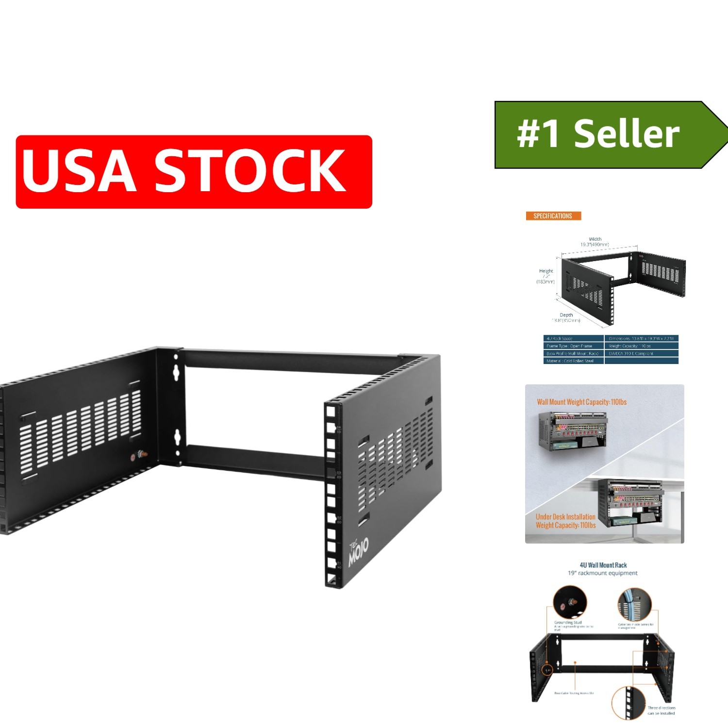 Sturdy 4U Server Rack - Black Alloy Steel for Mounting Network Equipment, 110lbs