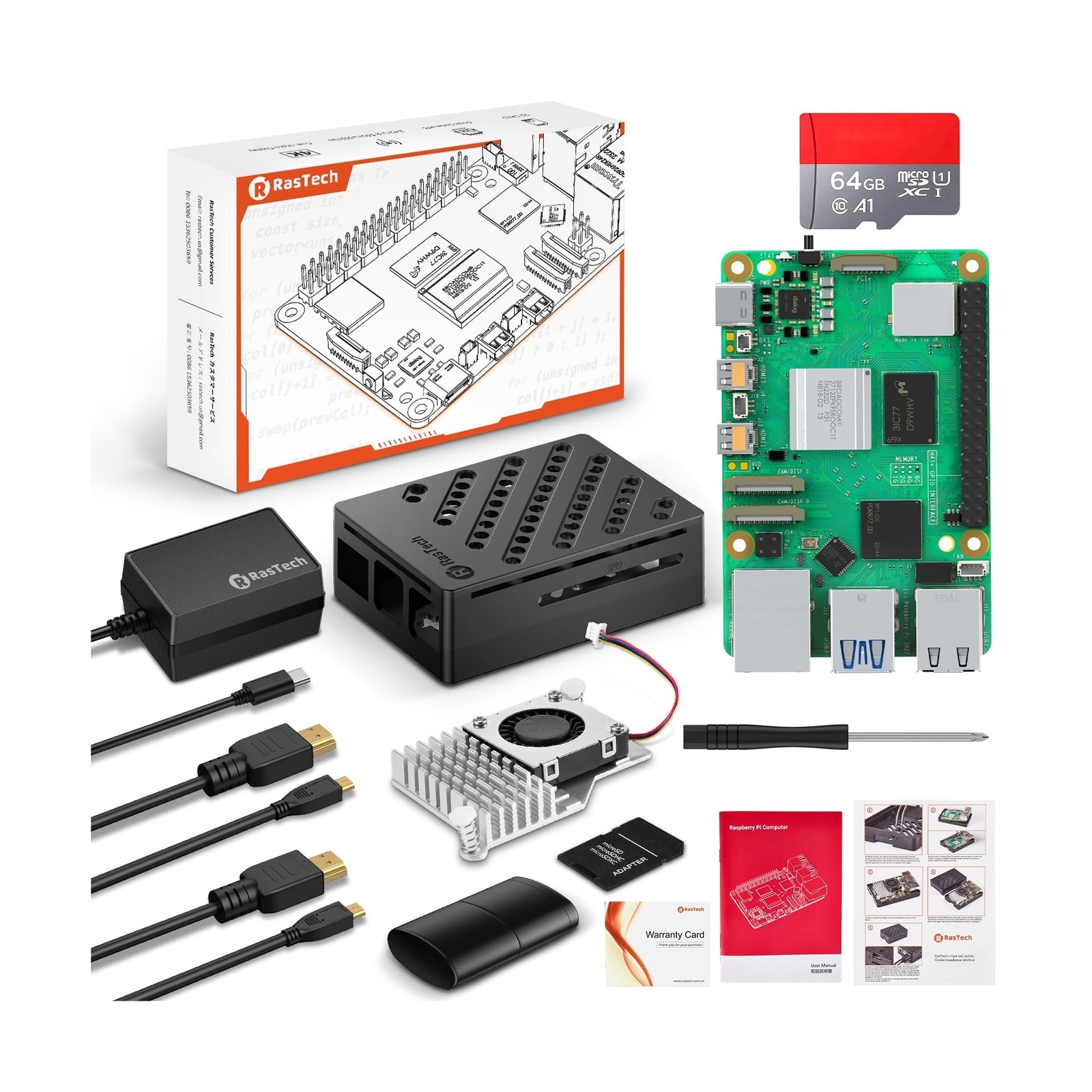 RasTech for Raspberry Pi 5 8GB Starter Kit with Pi 5 8GB Board/64GB SD Card/R...