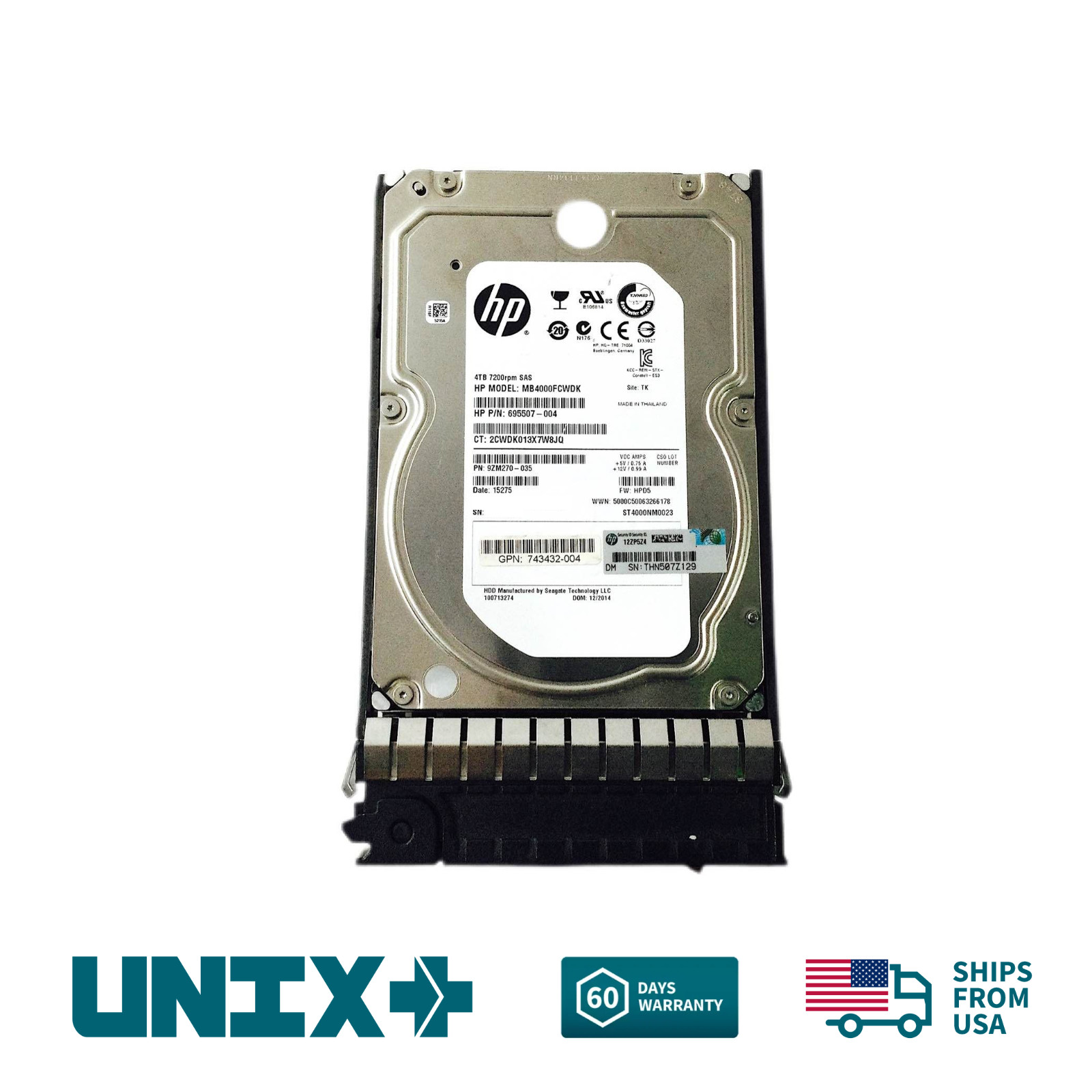 HP 743432-004 4TB 3.5" SAS 6Gbps 7.2K RPM Enterprise Drive w/ Caddy for Server