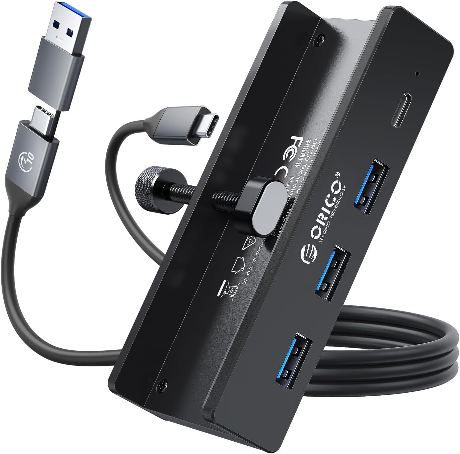 USB Hub 3.0, Clamp USB Hub with Extra Power Supply Port, Aluminum 4-Port