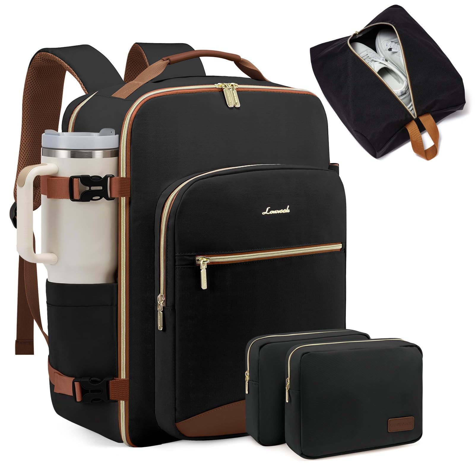 LOVEVOOK 40L Large Travel Backpack for 40L-17.3 Inch-4Pcs, 1 Black-brown