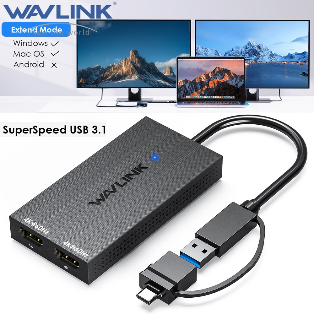 WAVLINK 4K@60Hz DisplayLink Hub USB C to Dual HDMI Adapter Dual Monitors USB C/A