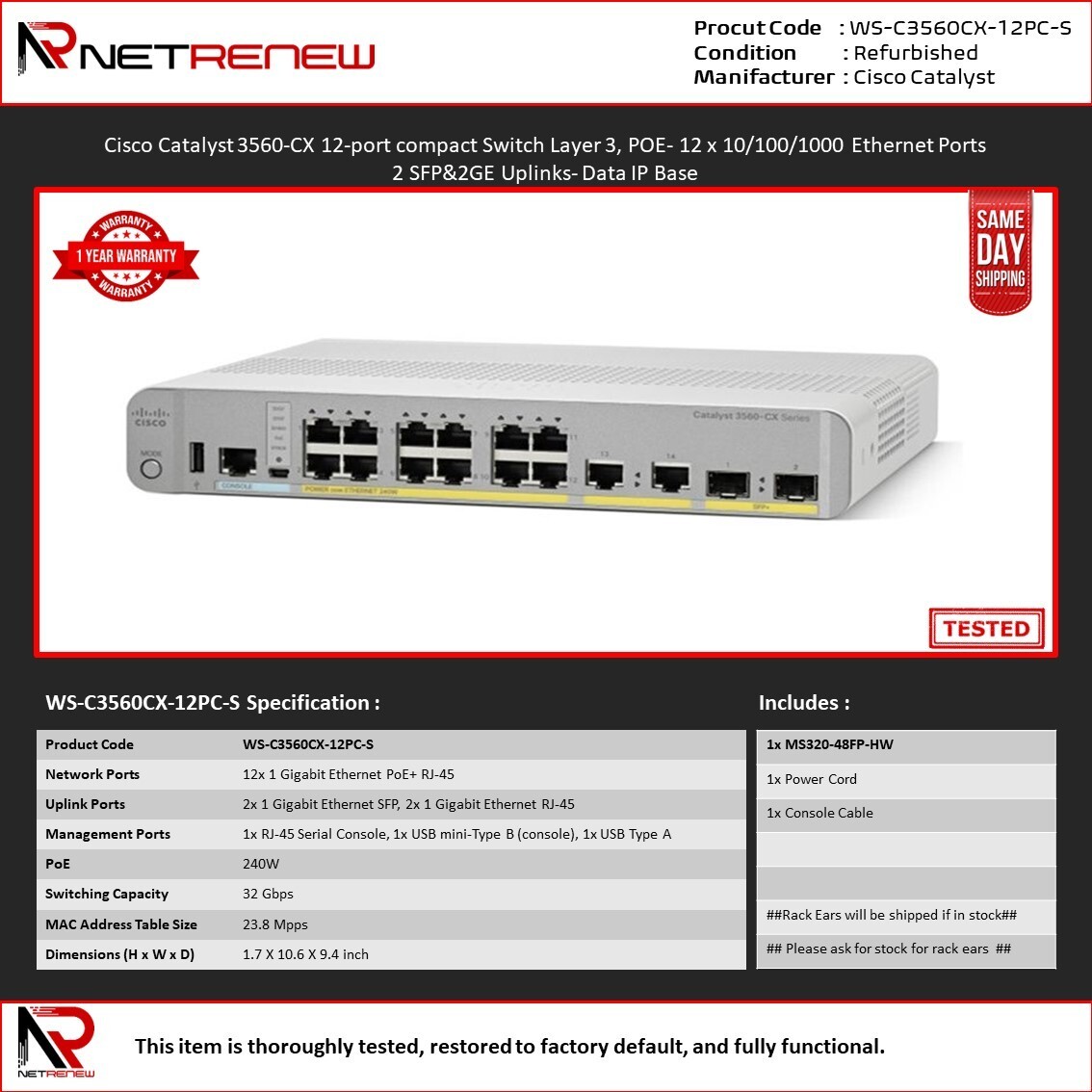 Cisco WS-C3560CX-12PC-S Catalyst 3560CX 12x 1GB PoE+ RJ45 2x SFP 2x RJ-45 Switch