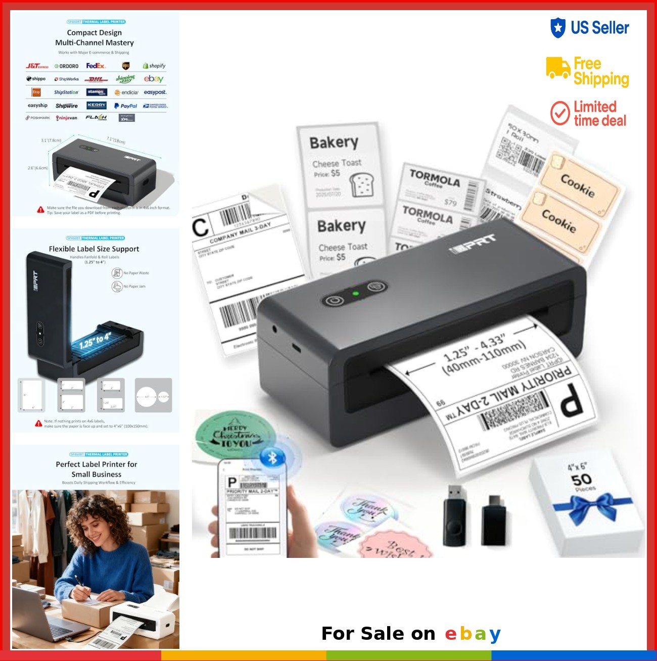 Bluetooth Thermal Shipping Label Printer 4x6 Wireless USB 203 DPI Inkless
