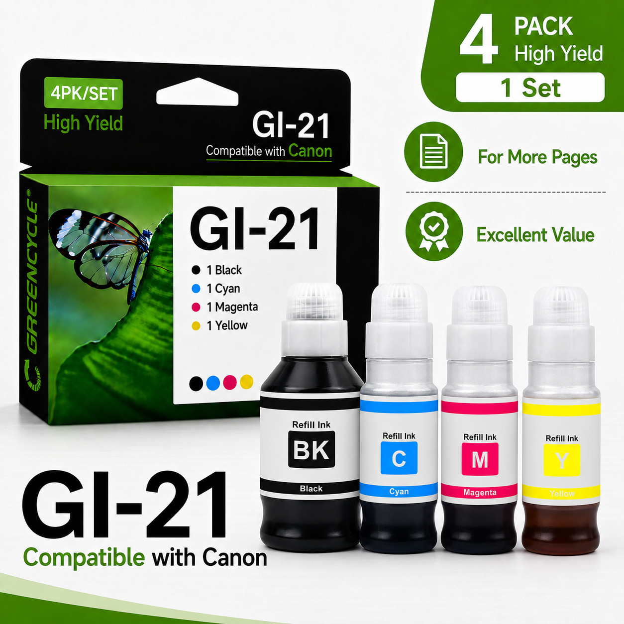 GREENCYCLE 4-Pack GI21 Replacement Ink Bottles for Canon MegaTank G3270 G3260