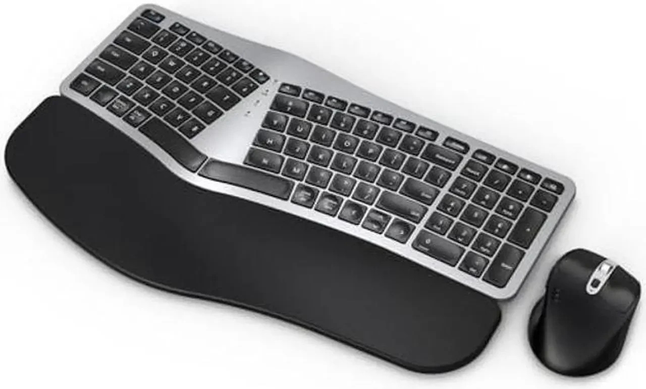 Ergonomic Wireless Keyboard Mouse Combo, EDJO Bluetooth/2.4G Dual Channel,sliver