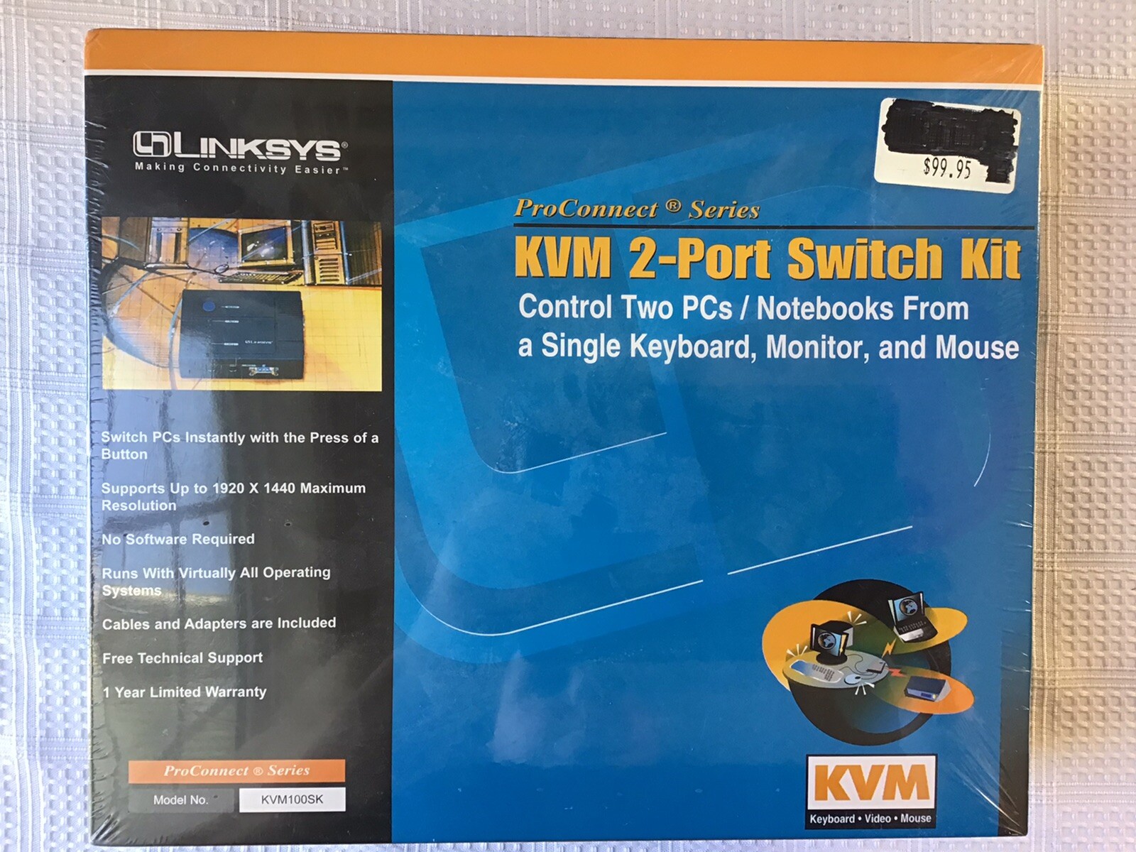 Linksys KVM 2-Port Switch Kit ProConnect Series, KVM100SK, New In Box