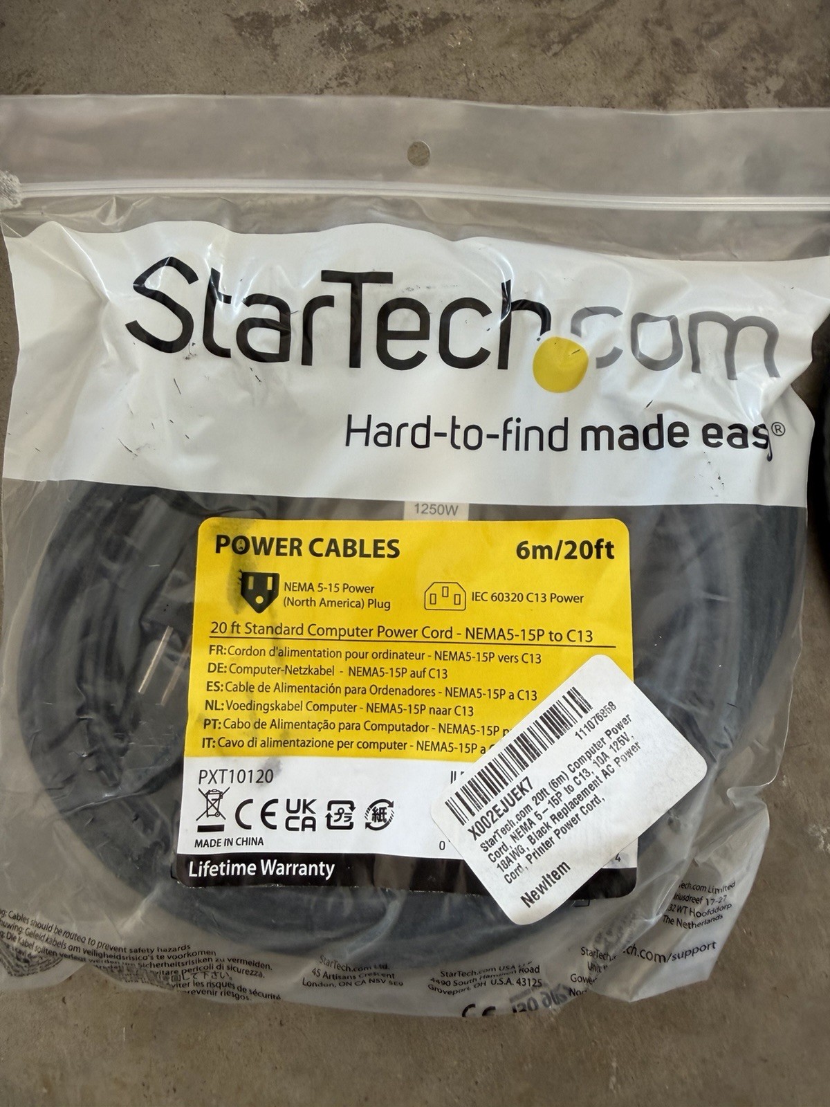 StarTech 20 ft Standard Computer Power Cord - NEMA5-15P to C13 *NEW/SEALED*