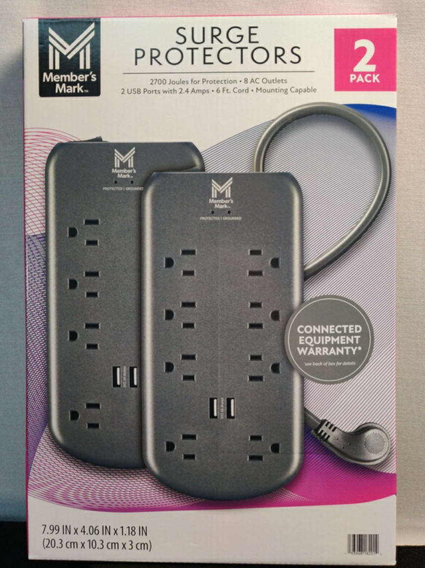 Member's Mark Surge Protector 2 Pack 8 Outlets 2700 Joules 6 Ft Cord
