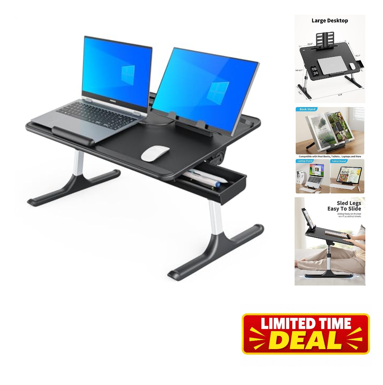 X-Large Foldable Lap Desk Adjustable Height Angle 23.6 x 15.7 Inch Aluminum Bed