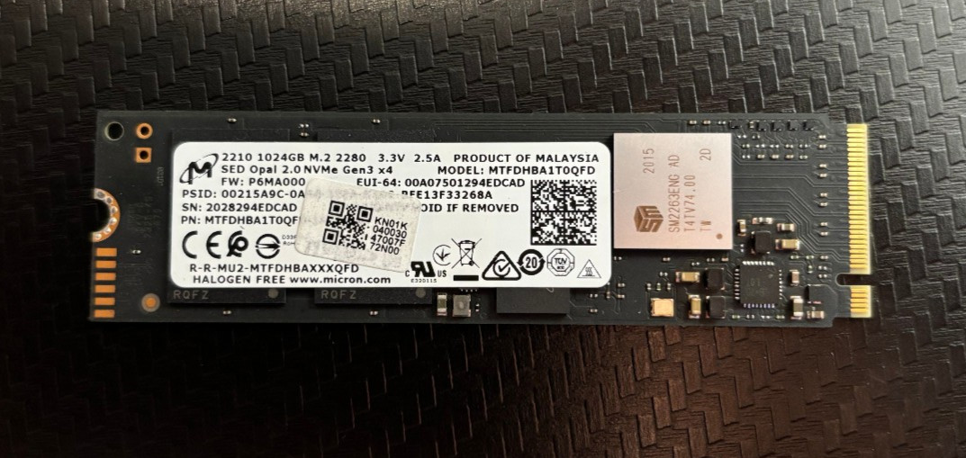 Micron SSD 1TB 2210 M.2 2280 80mm NVMe PCIe Gen3 x4 MTFDHBA1T0QFD