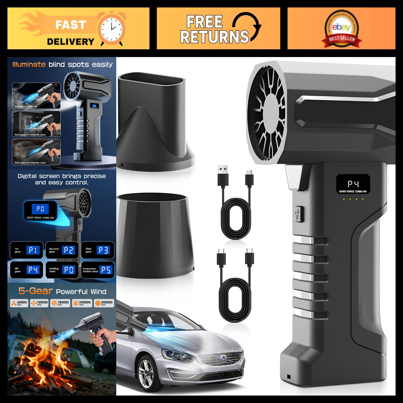 High-Powered Compressed Air Duster, 300,000 RPM, LED Display & Light, Cordless