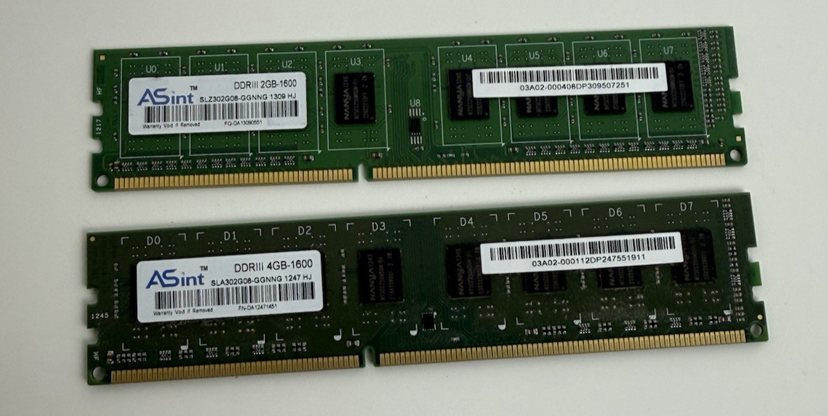 ASint 6GB DDR3-1600 Desktop RAM Lot 2GB + 4GB PC3-12800 DIMM Untested